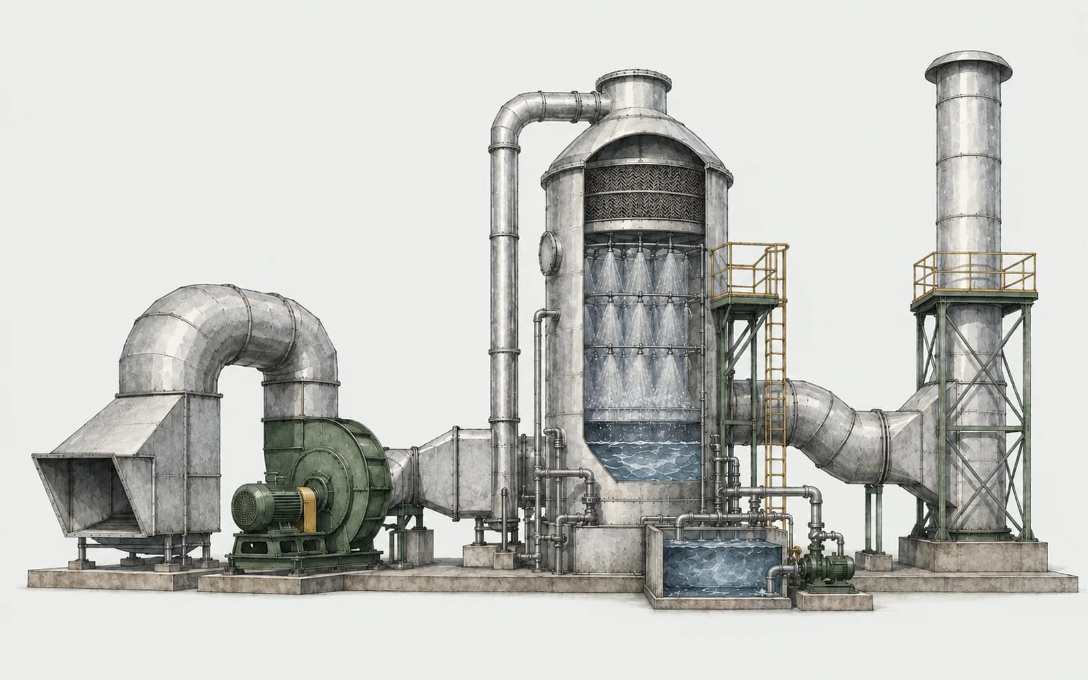 Illustration of an industrial wet scrubber and air-abatement system