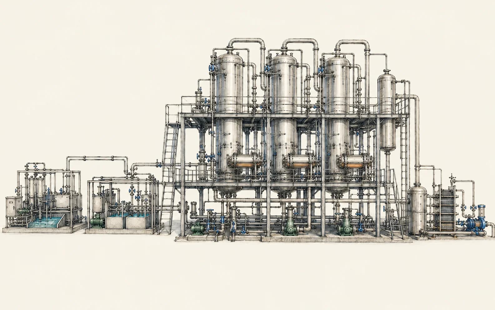 Illustration of treatment plant and multi-effect evaporation systems