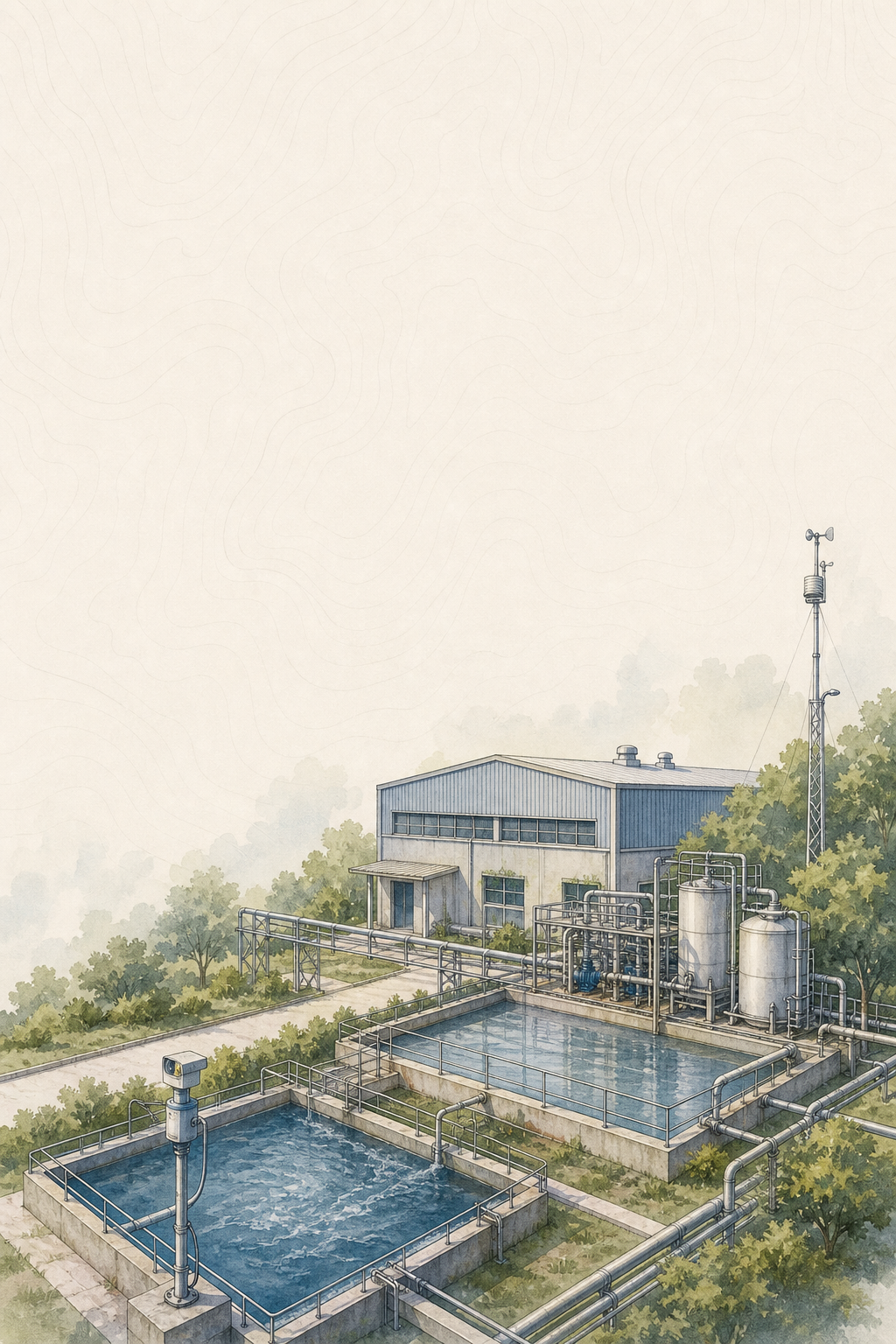 Illustrated industrial environmental campus with treatment basins, process equipment, pipework, and an environmental monitoring mast.