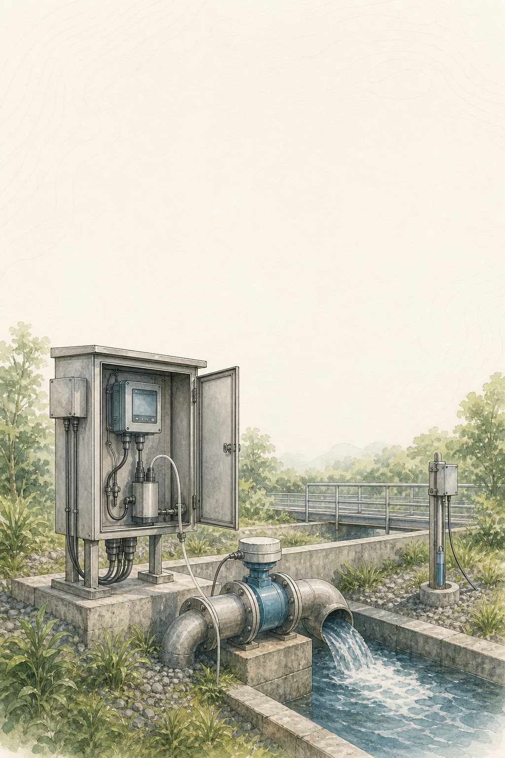Illustrated ETP or STP discharge-monitoring area with an online water analyser, flow meter, effluent-monitoring enclosure, and groundwater piezometer.