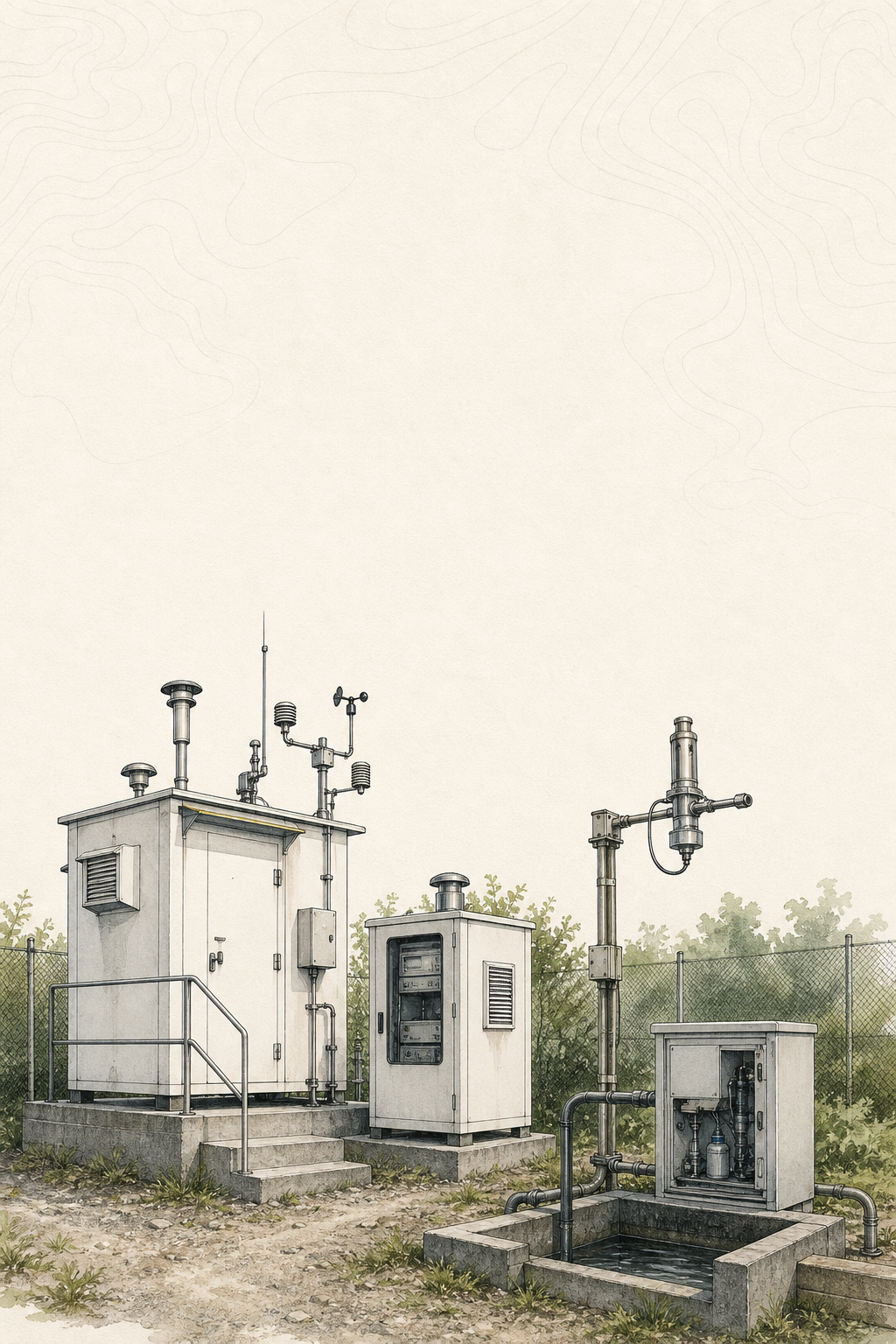 Illustrated industrial monitoring perimeter with an ambient-air monitoring shelter, weather mast, stack-monitoring probe, and effluent-monitoring equipment.